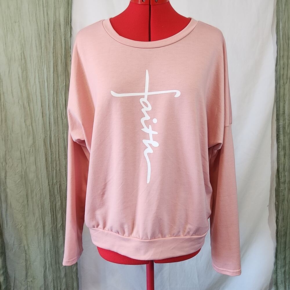 Faith Pink Lightweight Long Sleeves Comfy Sweatshirt Top Stretch Size XL